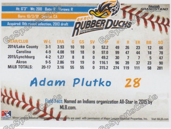 2016 Akron Aeros Adam Plutko Back of Card