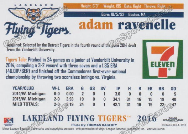 2016 Lakeland Flying Tigers Adam Ravenelle Back of Card