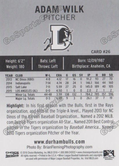  2016 Durham Bulls Adam Wilk Back of Card
