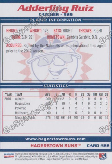 2016 Hagerstown Suns Adderling Ruiz  Back of Card