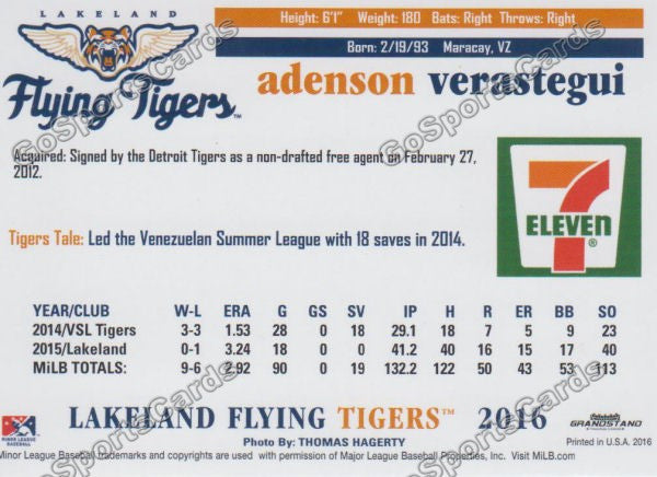 2016 Lakeland Flying Tigers Adenson Verastegui Back of Card