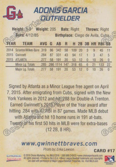 2016 Gwinnett Braves Adonis Garcia  Back of Card