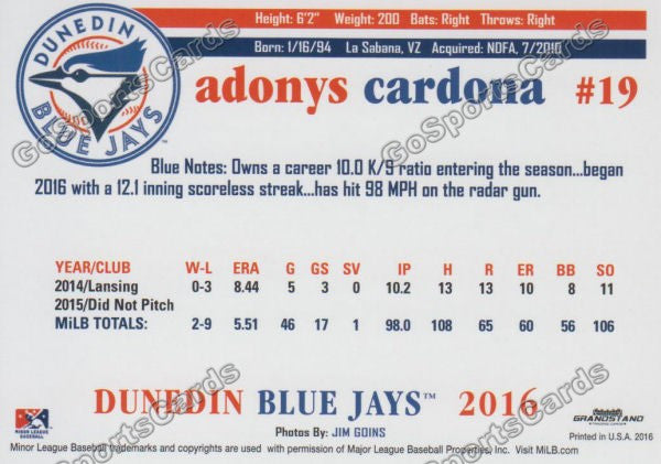 2016 Dunedin Blue Jays Adonys Cardona  Back of Card