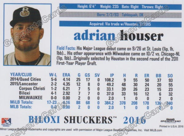 2016 Biloxi Shuckers Adrian Houser Back of Card
