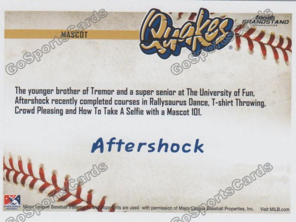 2016 Rancho Cucamonga Quakes Aftershock Mascot Back of Card