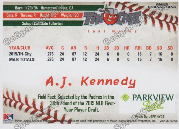 2016 Fort Wayne Tin Caps AJ Kennedy  Back of Card