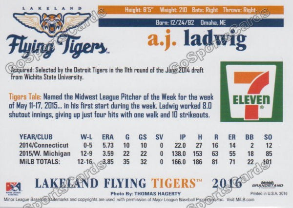 2016 Lakeland Flying Tigers AJ Ladwig Back of Card