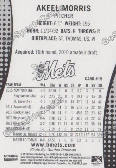 2016 Binghamton Mets Akeel Morris Back of Card
