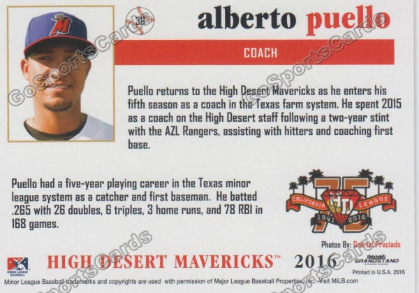2016 High Desert Mavericks Alberto Puello Back of Card