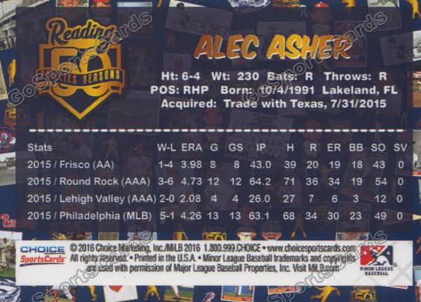 2016 Reading Fightin Phils Top Prospect 25 Alec Asher  Back of Card