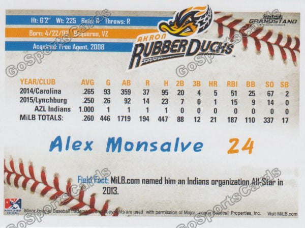 2016 Akron Aeros Alex Monsalve Back of Card