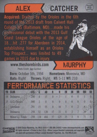 2016 Delmarva Shorebirds Alex Murphy  Back of Card