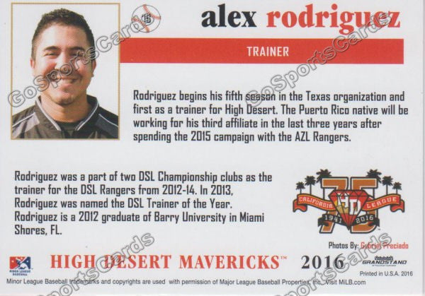 2016 High Desert Mavericks Alex Rodriguez Back of Card