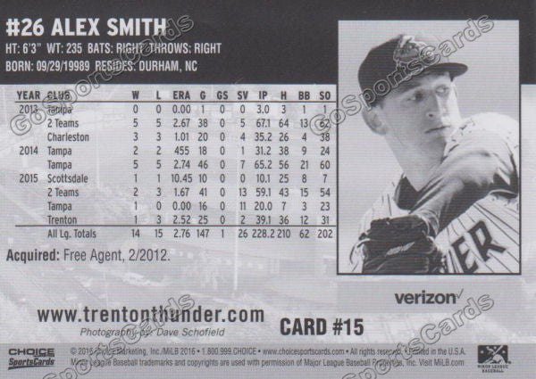 2016 Trenton Thunder Alex Smith Back of Card