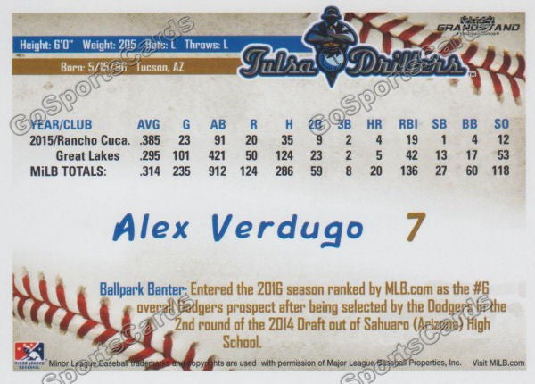 2016 Tulsa Drillers Alex Verdugo Back of Card