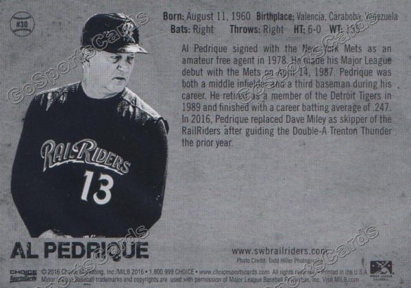 2016 Scranton Wilkes Barre RailRiders Al Pedrique Back of Card