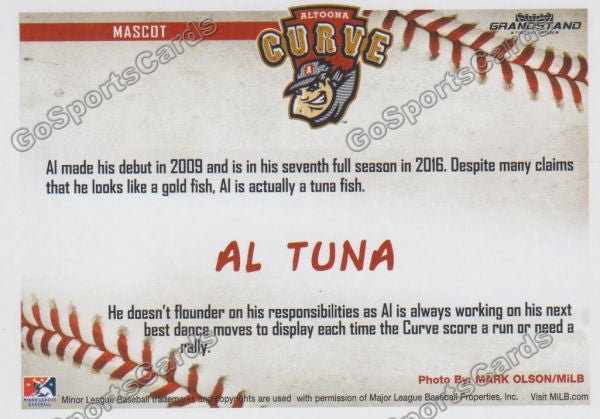 2016 Altoona Curve Al Tuna Mascot Back of Card