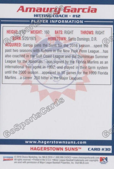 2016 Hagerstown Suns Amaury Garcia  Back of Card