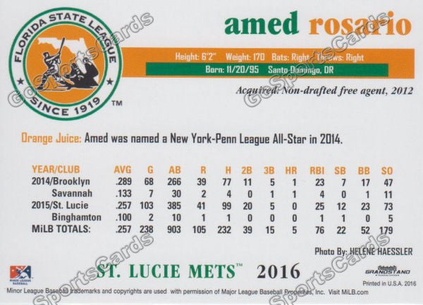 2016 Florida State League Top Prospect FSL Amed Rosario Back of Card