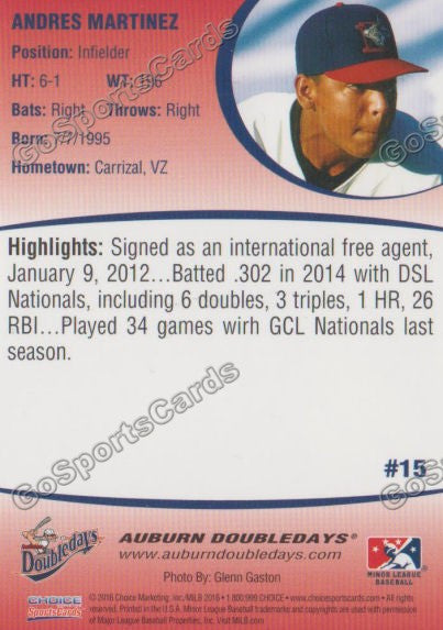 2016 Auburn Doubledays Andres Martinez Back of Card