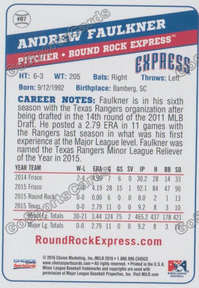 2016 Round Rock Express Andrew Faulkner Back of Card