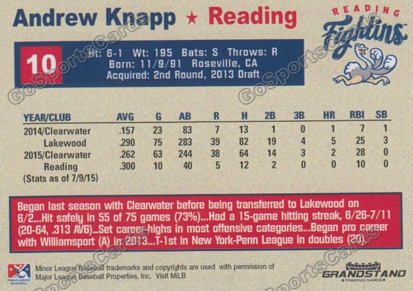 2015 Reading Fightin Phils Update Andrew Knapp  Back of Card