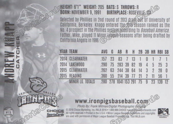 2016 Lehigh Valley IronPigs Andrew Knapp Back of Card