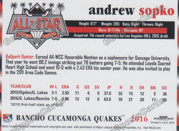 2016 California League All Star Andrew Sopko Back of Card