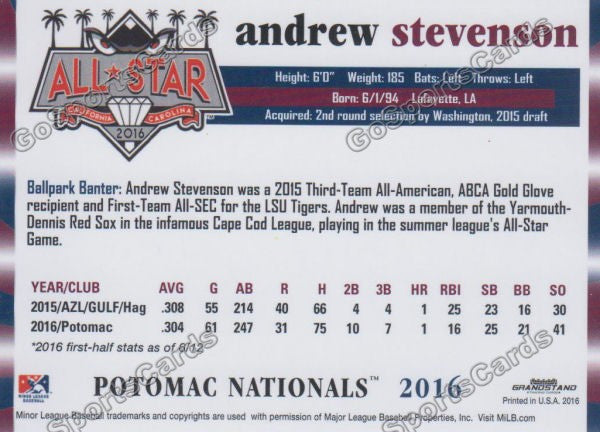 2016 Carolina League All Star Andrew Stevenson Back of Card