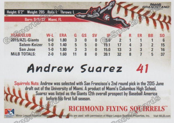 2016 Richmond Flying Squirrels Andrew Suarez Back of Card