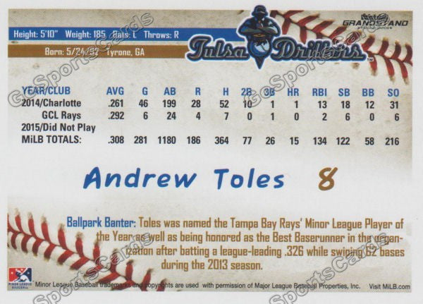 2016 Tulsa Drillers Andrew Toles Back of Card
