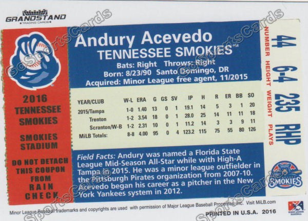 2016 Tennessee Smokies Andury Acevedo Back of Card