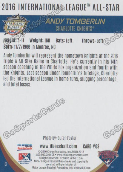 2016 International League All Star Andy Tomberlin Back of Card