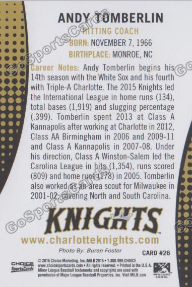 2016 Charlotte Knights Andy Tomberlin Back of Card