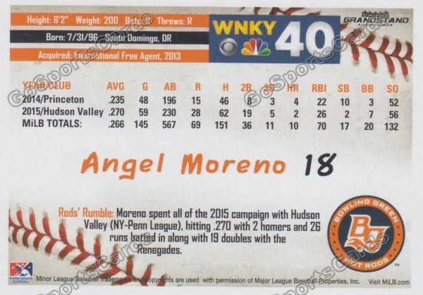 2016 Bowling Green Hot Rods Angel Moreno Back of Card