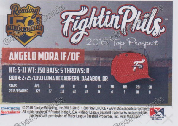 2016 Reading Fightin Phils Top Prospect 11 Angelo Mora  Back of Card