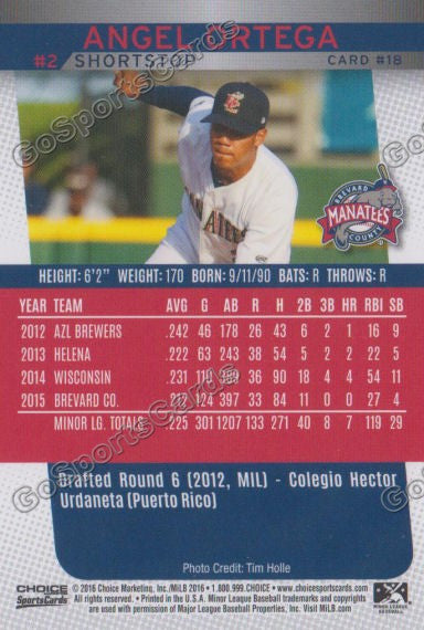 2016 Brevard County Manatees Angel Ortega Back of Card