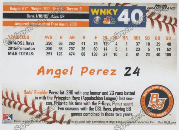 2016 Bowling Green Hot Rods Angel Perez Back of Card