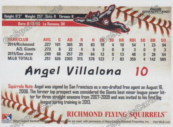 2016 Richmond Flying Squirrels Angel Villalona Back of Card