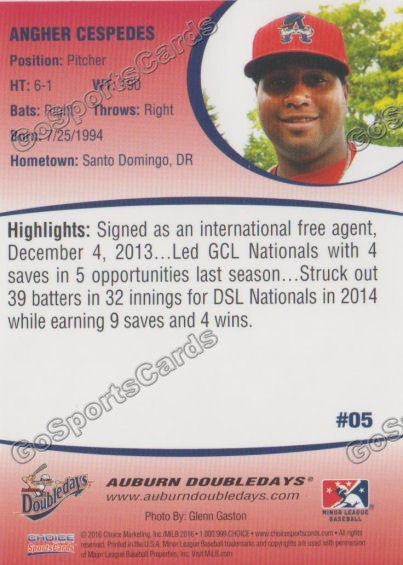 2016 Auburn Doubledays Angher Cespedes Back of Card