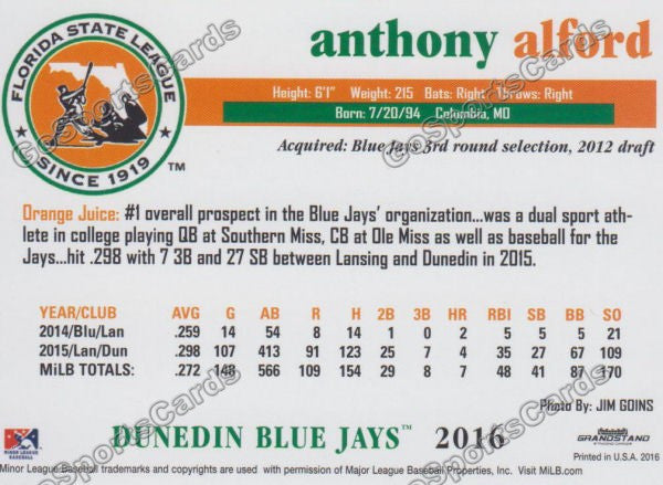 2016 Florida State League Top Prospect FSL Anthony Alford Back of Card