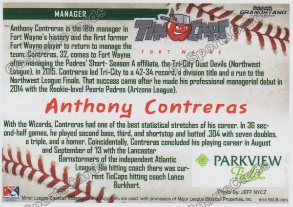 2016 Fort Wayne Tin Caps Anthony Contreras  Back of Card
