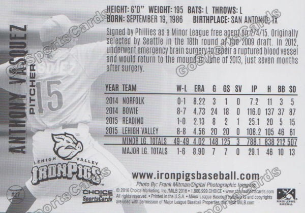 2016 Lehigh Valley IronPigs Anthony Vasquez Back of Card