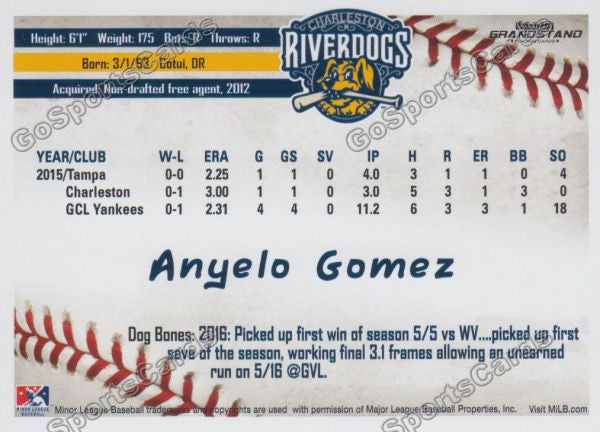 2016 Charleston RiverDogs Anyelo Gomez Back of Card