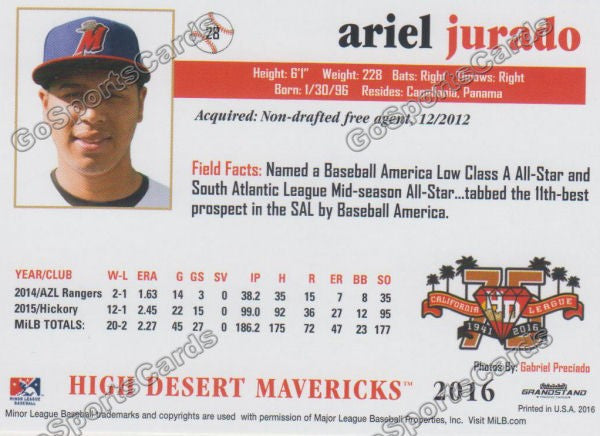2016 High Desert Mavericks Ariel Jurado Back of Card