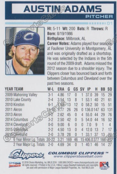 2016 Columbus Clippers Austin Adams Back of Card
