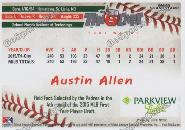 2016 Fort Wayne Tin Caps Austin Allen  Back of Card