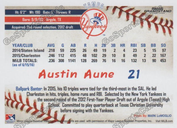 2016 Tampa Yankees Austin Aune Back of Card