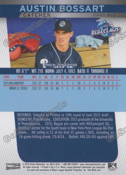 2016 Lakewood BlueClaws Austin Bossart Back of Card
