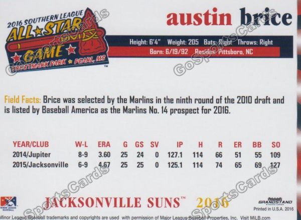 2016 Southern League All Star S Austin Brice Back of Card
